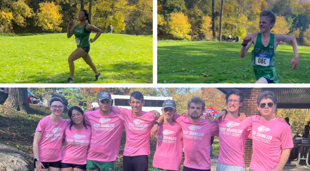 A collage of three images: the top two images are of two different 越野 runners, and the bottom image is a group of Delaware Tech 越野 athletes wearing pink Delaware Tech Athletics shirts